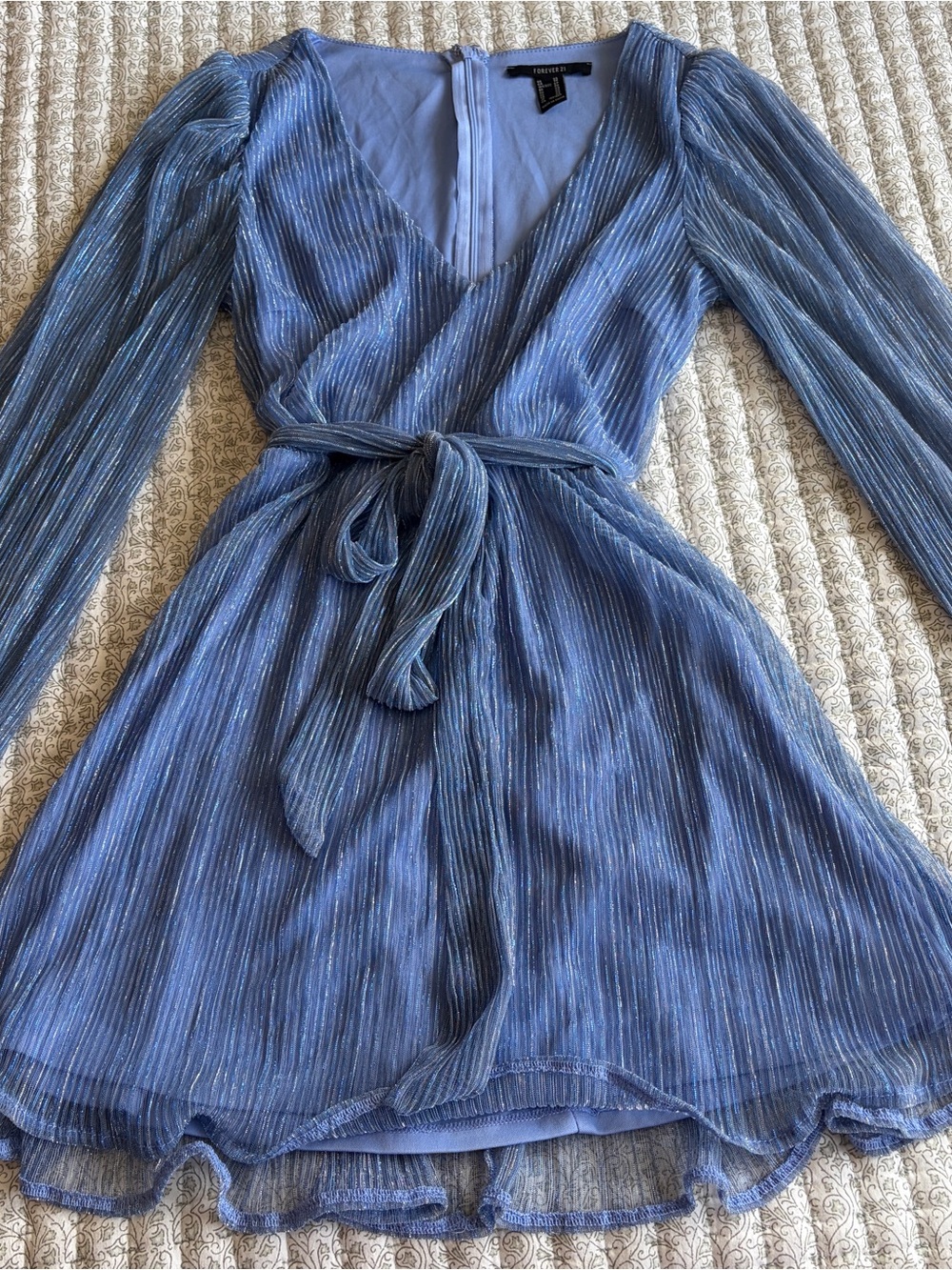 Forever 21 Light Blue Metallic Pleated Wrap-Style Long Sleeve Dress